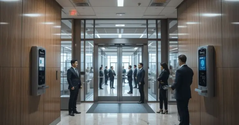 Business access control systems used at corporate building entrance with biometric scanners, keycard readers, and CCTV cameras.