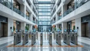 Commercial building access control systems with turnstiles, badge scanners, and secure access zones.