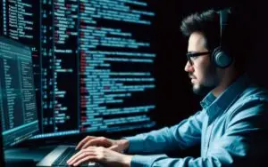 Illustration showing a cybersecurity expert analyzing data to develop essential digital security skills