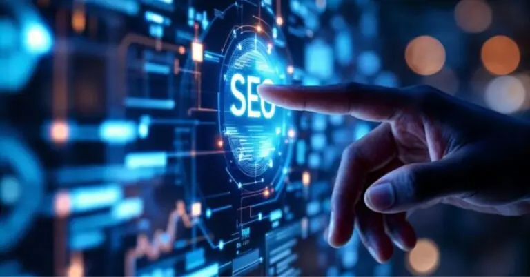 Cybersecurity SEO digital interface with a hand touching a glowing 'SEO' button, symbolizing online marketing strategies for cybersecurity businesses.