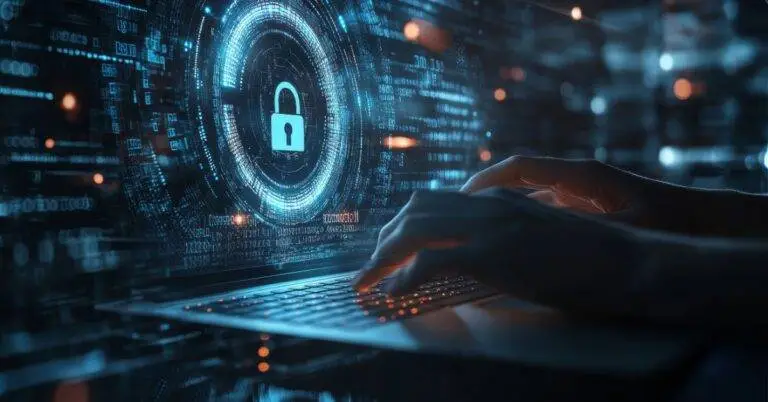 Illustration of a person analyzing a digital lock with code patterns, symbolizing mastering cybersecurity in a connected world.