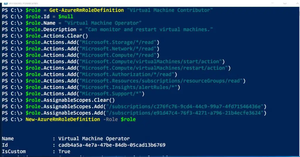 Windows PowerShell console displaying system-level commands that add and modify permissions, showing how macros pose a cybersecurity risk by executing PowerShell scripts that can access storage, network, and computing resources, modify security settings, and create backdoor access for attackers.
