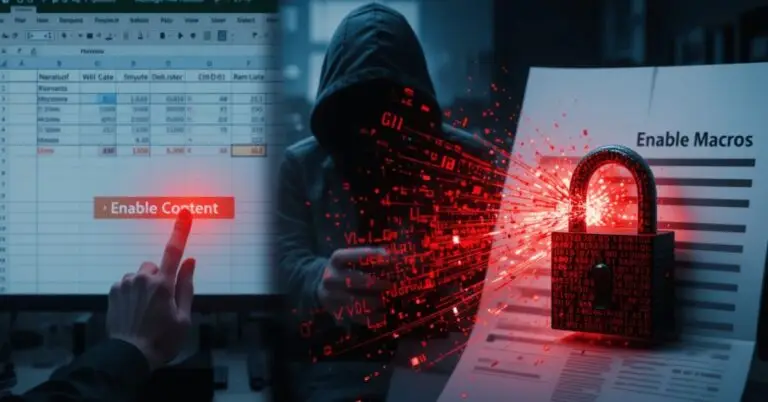 A person clicking Enable Content button on an Excel spreadsheet while a hooded hacker figure and digital code emerge showing how do macros pose a cybersecurity risk through a broken security lock visualization.