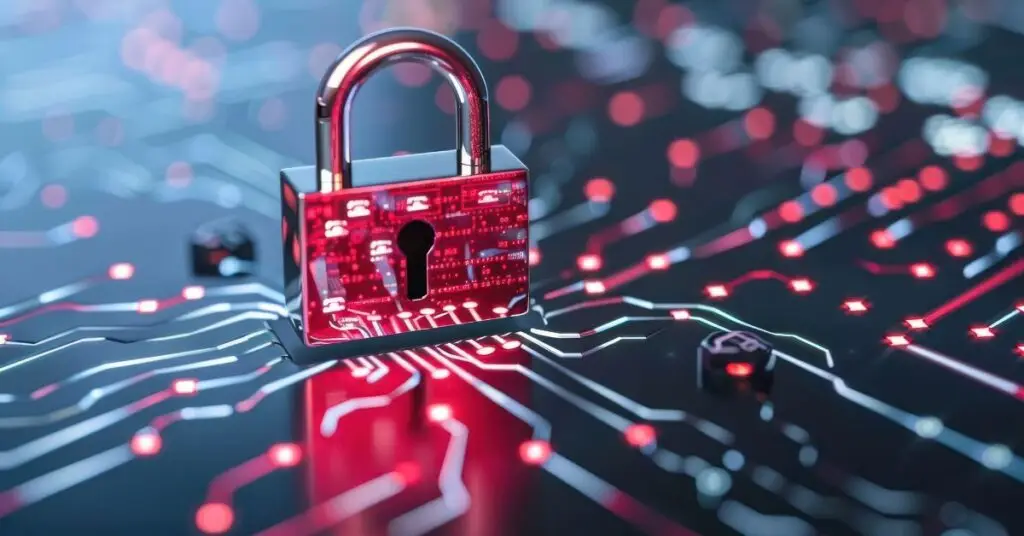 A red digital padlock with binary code overlay on a circuit board background, illustrating how macros pose a cybersecurity risk through security breaches and unauthorized system access. The lock symbolizes digital security threats that can compromise organizational data when malicious macros are executed.