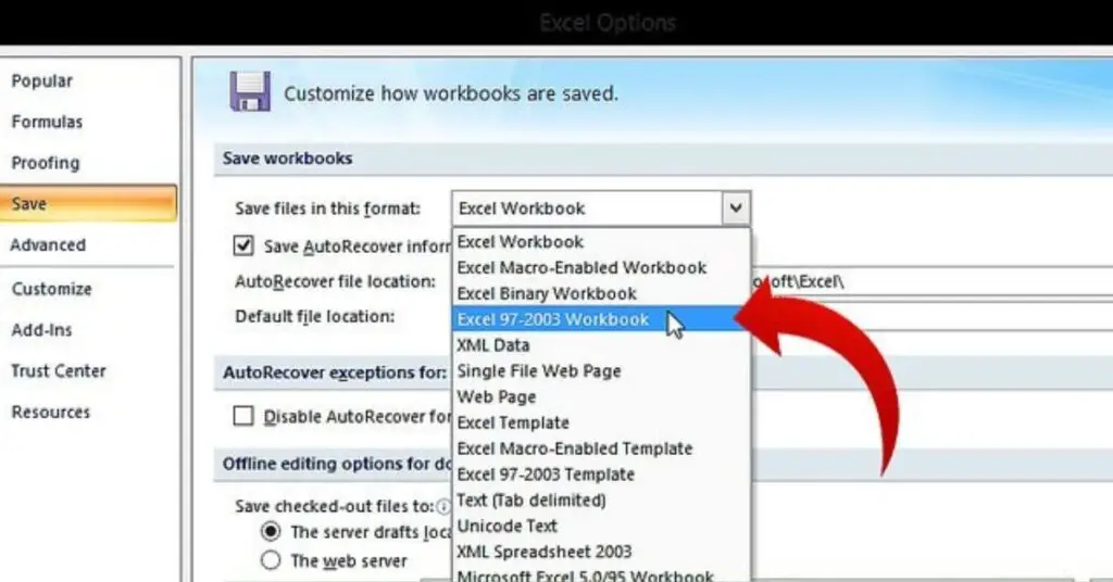 Microsoft Excel Options dialog showing file format dropdown menu with 'Excel Macro-Enabled Workbook' highlighted by a red arrow, illustrating how macros pose a cybersecurity risk through specially marked file extensions like .xlsm that can contain executable code.
