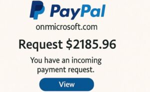 Illustration of a fake PayPal phishing email claiming to be from onmicrosoft.com, showing a payment request of $2185.96 with a spoofed PayPal header.