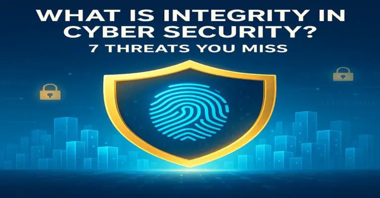 Illustration of data integrity protection in cybersecurity, showing shield, binary code, and digital threats – concept for 'What Is Integrity in Cyber Security