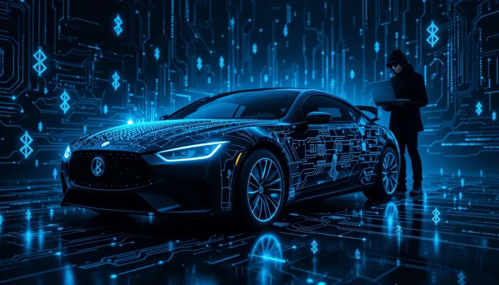 Car dashboard showing Bluetooth hacking warning alert with digital interface PerfektBlue Bluetooth Vulnerabilities