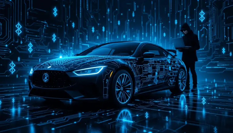 Car dashboard showing Bluetooth hacking warning alert with digital interface PerfektBlue Bluetooth Vulnerabilities