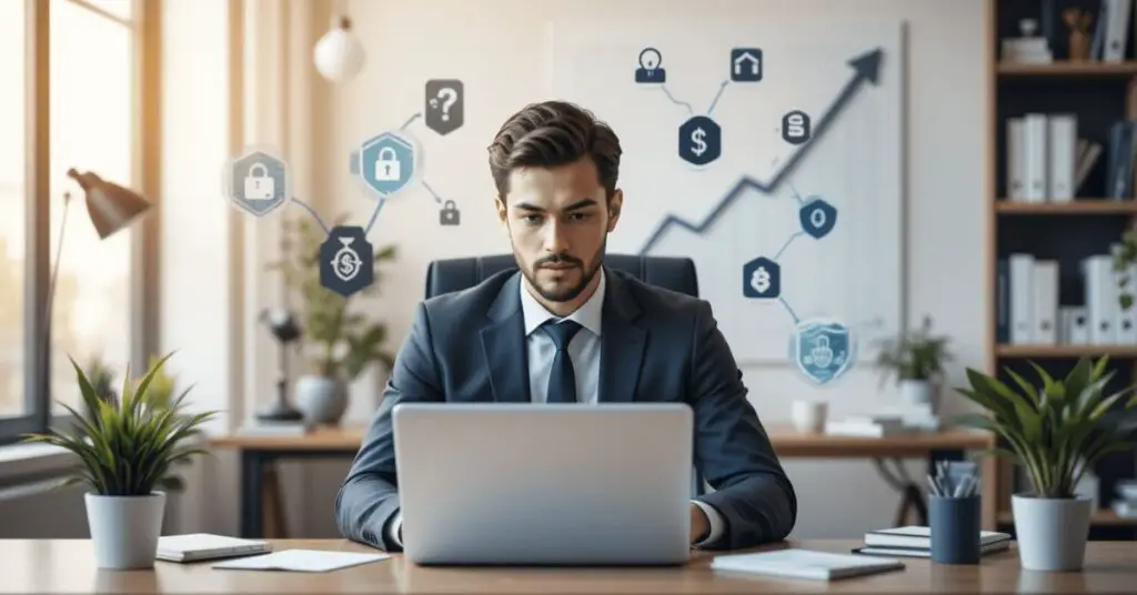 Businessman analyzing the cost of cybersecurity for small business with data and security icons