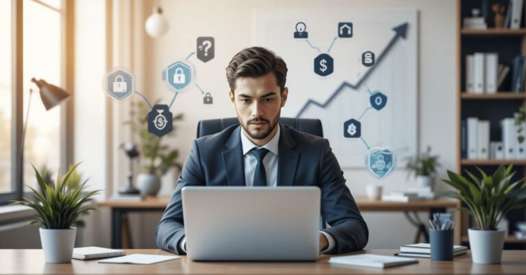 Businessman analyzing the cost of cybersecurity for small business with data and security icons