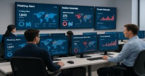 Cybersecurity team detecting real-time integrity threats on high-tech monitoring screens