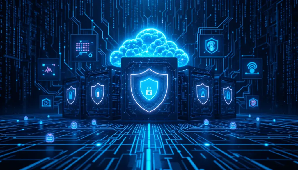 Futuristic digital shield representing network security solutions with cloud protection, firewall, and endpoint icons in a glowing blue theme.