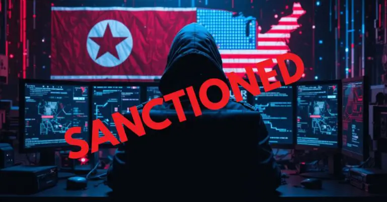 A hooded North Korean hacker on a dark background with a glowing computer screen and a red SANCTIONED stamp overlay.