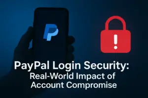 Smartphone screen showing PayPal logo with a red warning padlock, highlighting login security risk