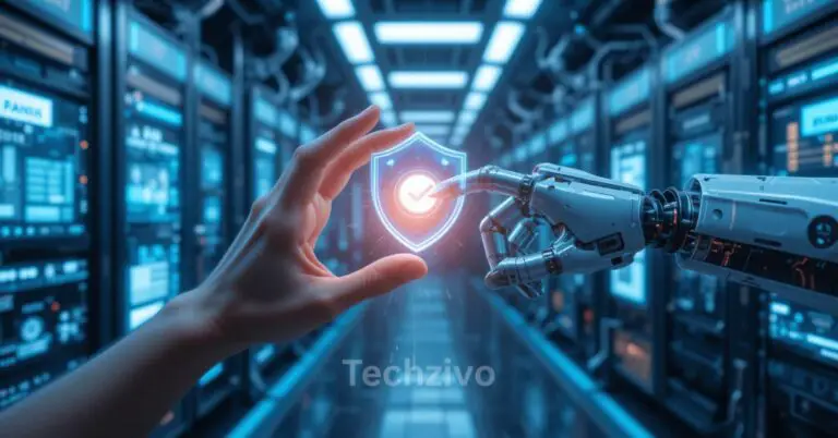 A human hand and a robotic hand reaching toward each other with a glowing shield and checkmark between them, set in a futuristic tech control room — symbolizing the concept of ‘will cybersecurity be replaced by AI’