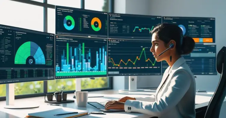 Cyber Security Data Analyst working on multiple monitors with network security dashboards in a modern bright office.