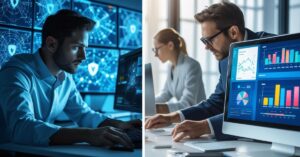 Split-screen showing Cyber Security Analyst detecting threats and Data Analyst reviewing business charts.