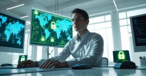 Cyber Security Data Analyst working with holographic monitors showing cyber threat maps and glowing security locks in a modern office.