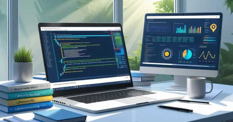 Modern cybersecurity workspace with laptop and good books for hacking