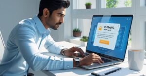 Laptop displaying a phishing email in a modern office