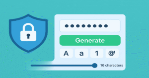 Random Password Generator Interface - Create 16-character secure passwords with uppercase A, lowercase a, numbers 1 and symbols @