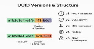 Complete UUID structure breakdown and versions 1-5 comparison with generation methods